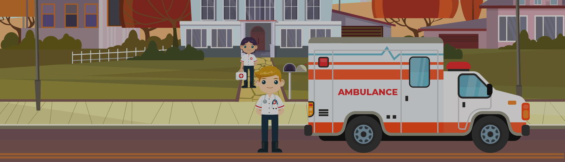 A doctor and nurse with an ambulance standing on the road